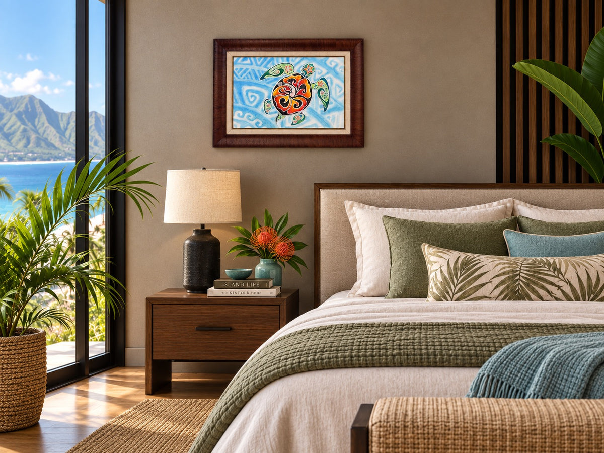 
Nani Honu original sea turtle watercolor displayed in a refined modern tropical bedroom
