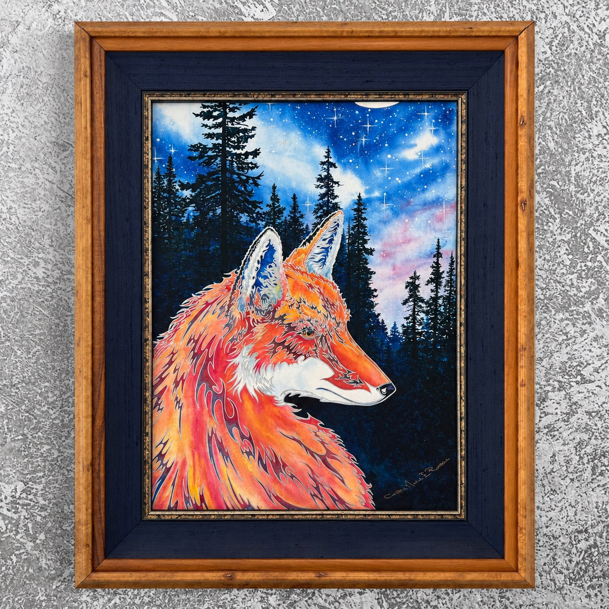 Spirit Fox original watercolor and metallic silver ink professionally framed in burl-patterned wood with midnight-blue silk