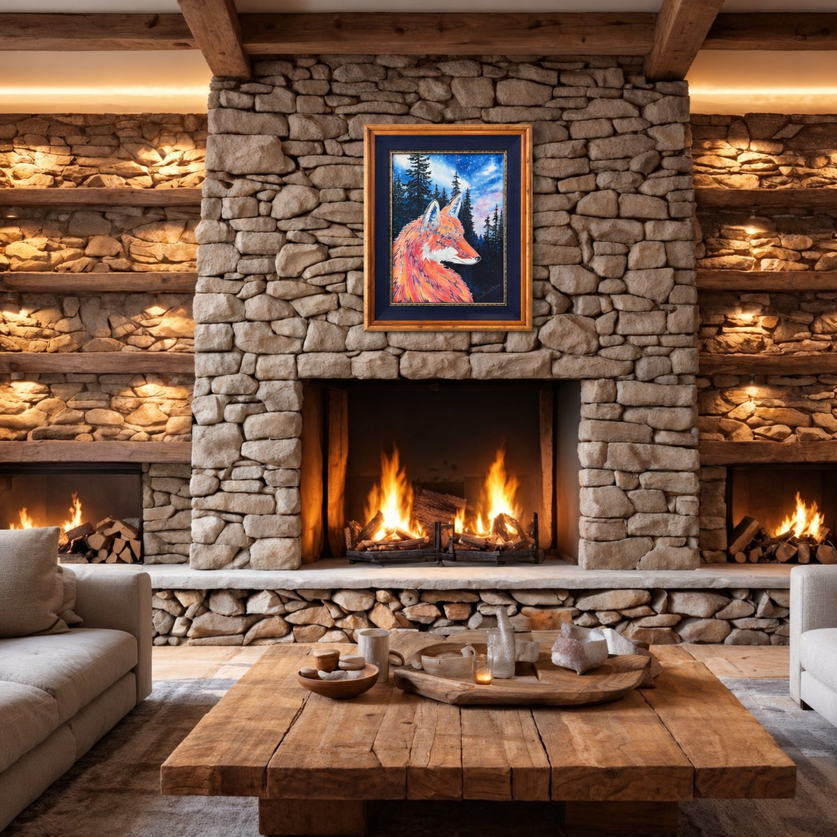 Spirit Fox original watercolor and silver ink artwork displayed above a stone fireplace in a warm lodge interior