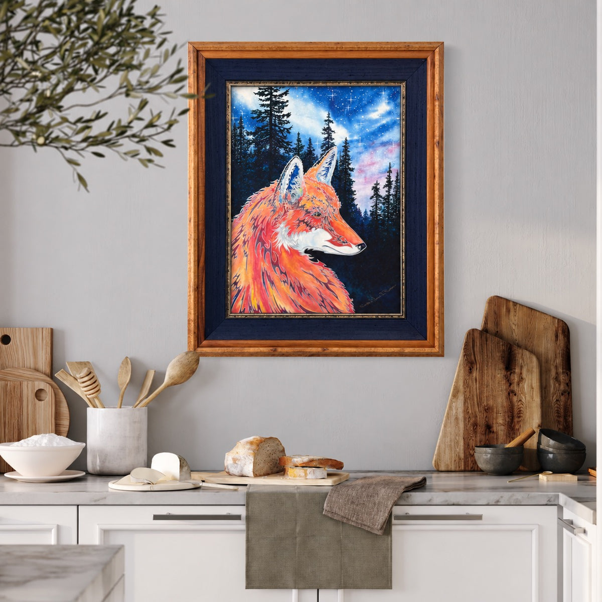 Spirit Fox framed fox artwork displayed in a contemporary interior with warm natural wood accents