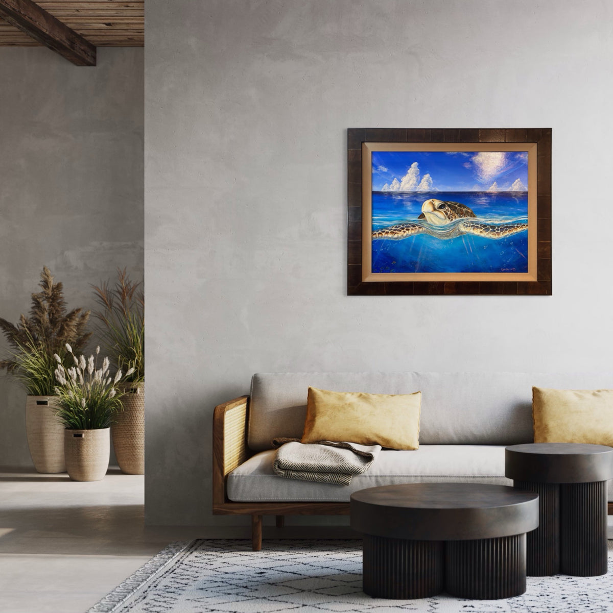 Peace of the Tropics framed honu oil painting displayed in a refined contemporary living room