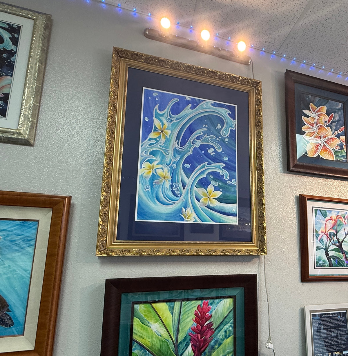 Blue Hawaii displayed at Kaua‘i Christie’s Art gallery in its antique gold presentation frame; frame is not included.
