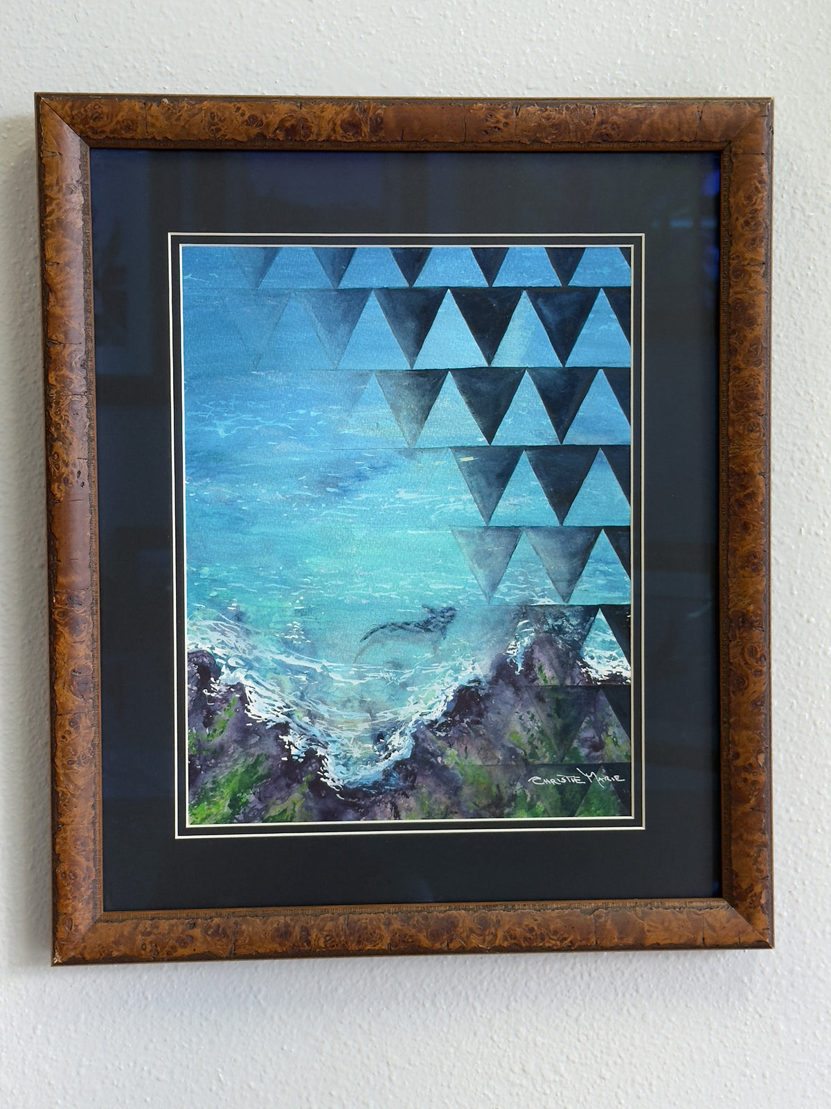 Mano Niho original watercolor professionally framed in solid burl wood with dark matting