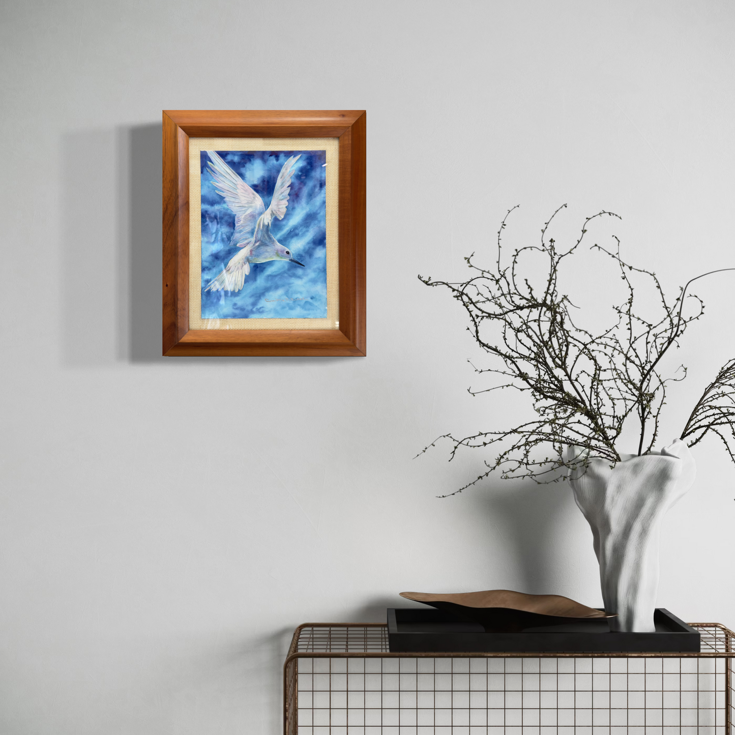 Original Koa Wood Framed Watercolor - No Ka Mana'olana - Manu-o-Kū or White Tern a native Hawaiian Seabird