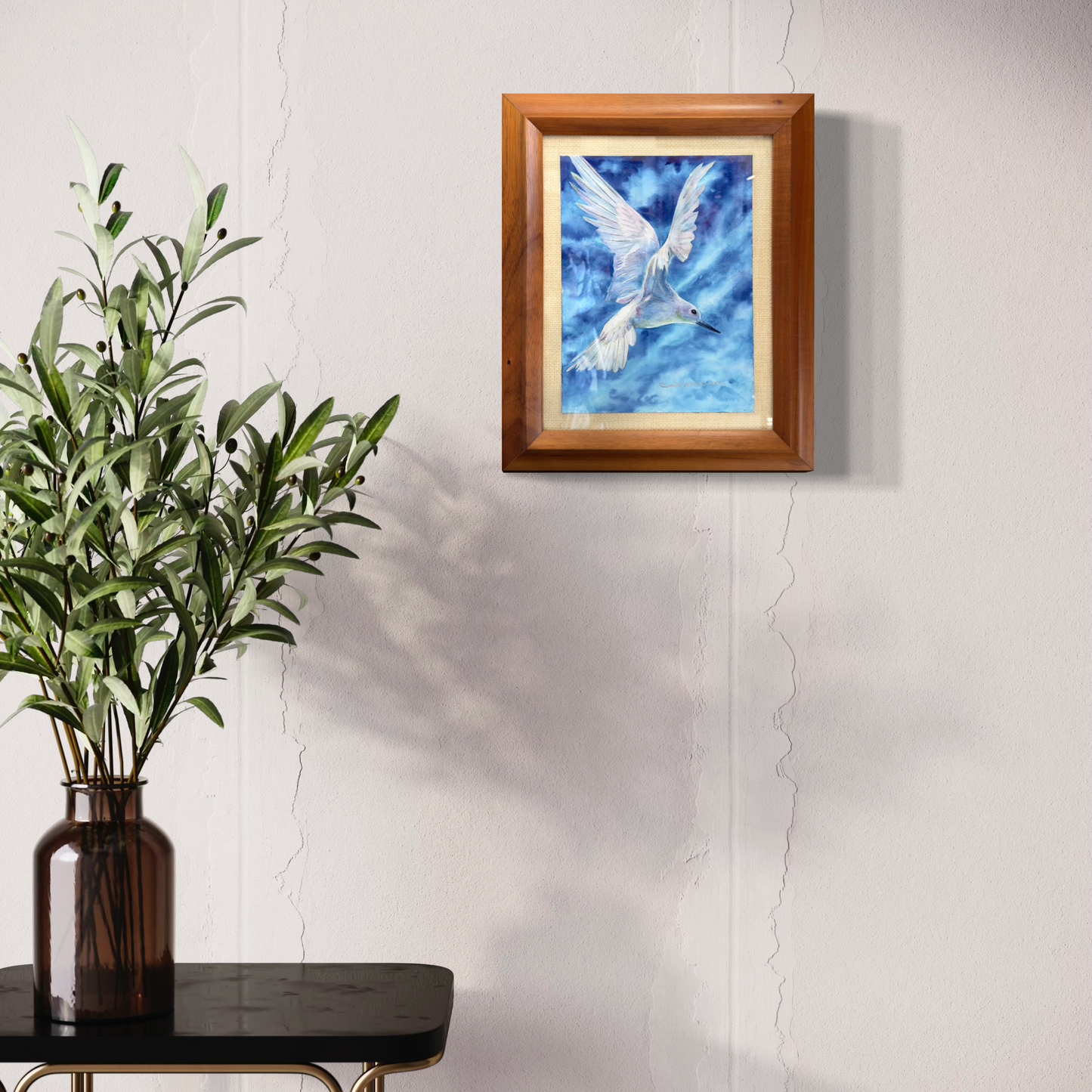 Original Koa Wood Framed Watercolor - No Ka Mana'olana - Manu-o-Kū or White Tern a native Hawaiian Seabird