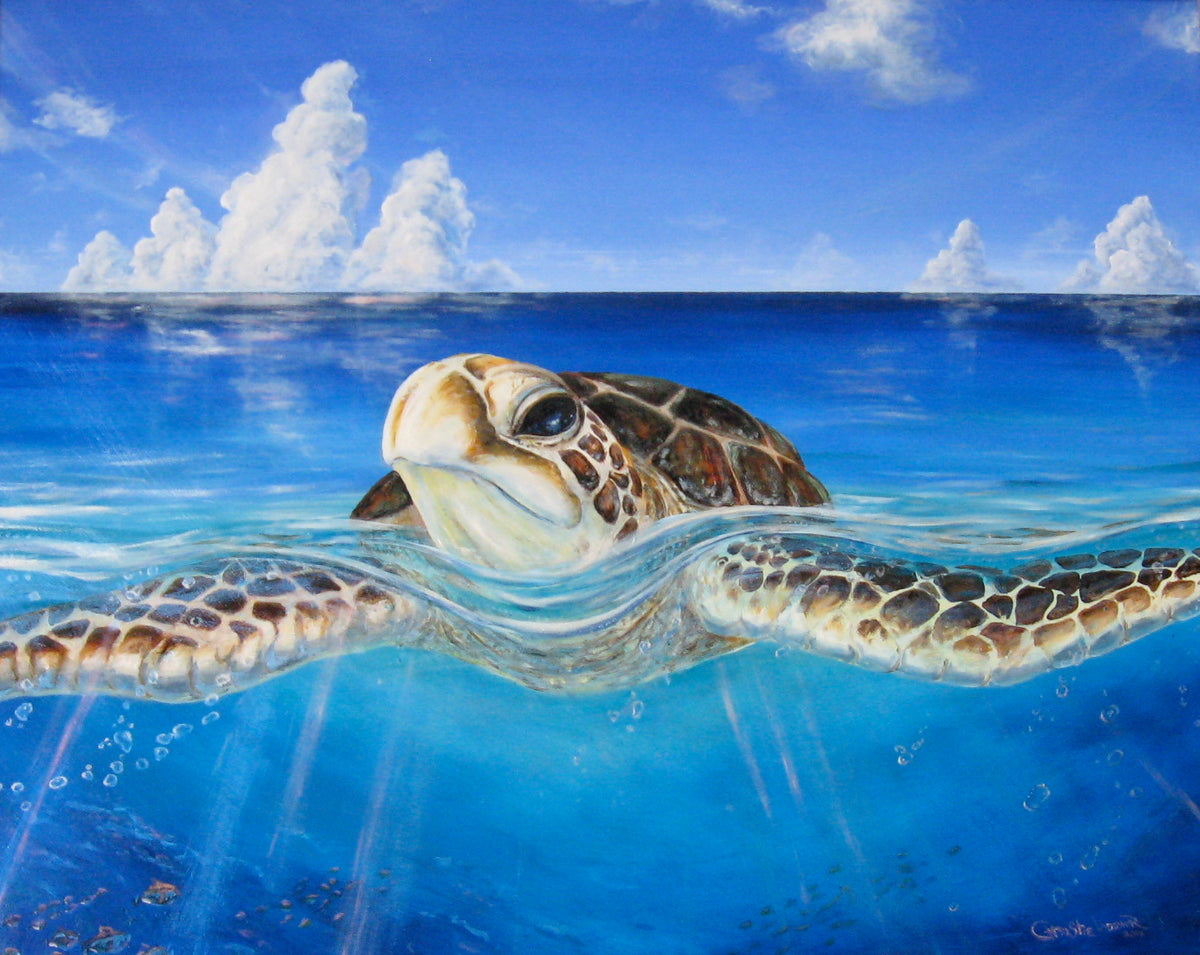 Peace of the Tropics original honu oil painting by Christie Marie Elder showing a sea turtle surfacing in luminous blue ocean water beneath a tropical sky