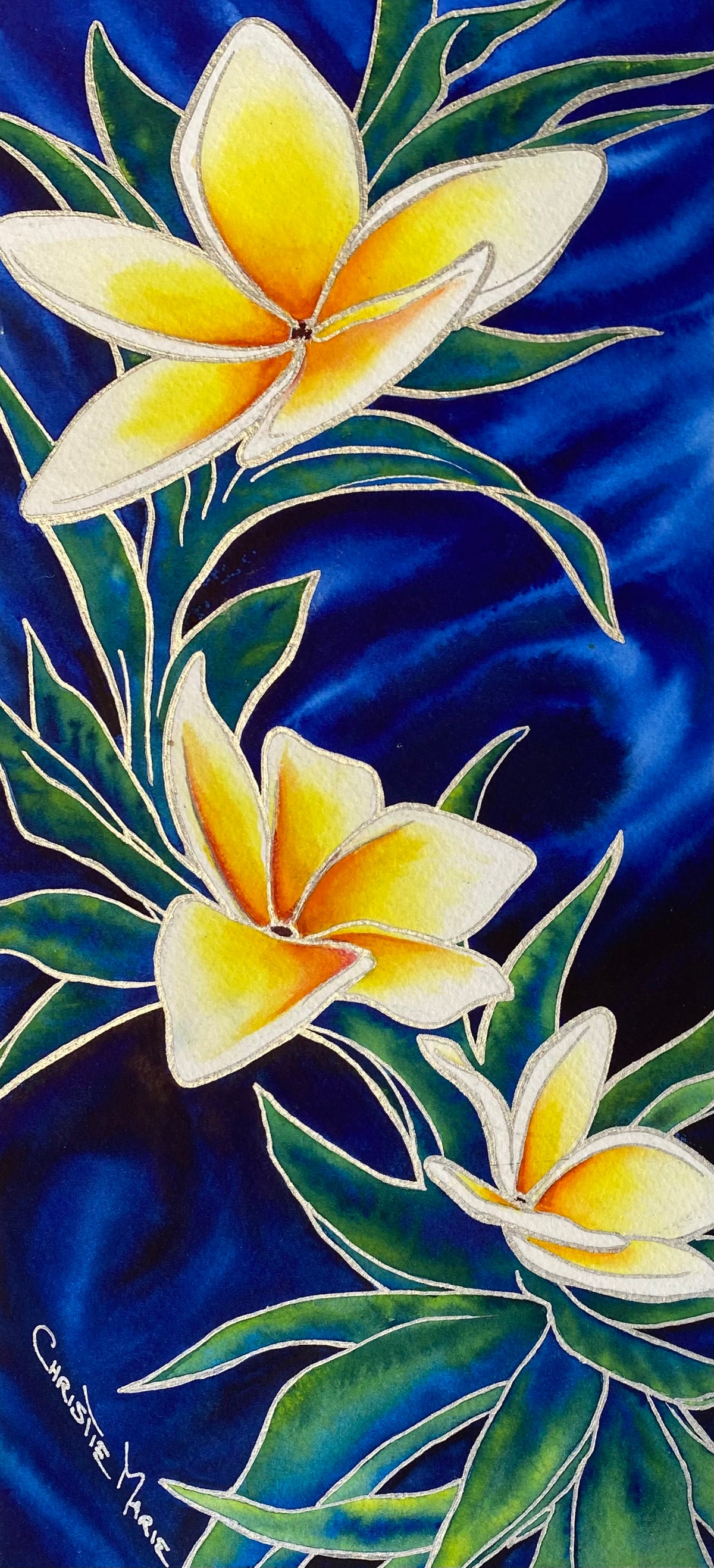 Wedding Lei original mixed-media artwork from Christie Marie Elder’s Silver Lining Series, featuring luminous plumeria against a deep blue watercolor background with metallic silver linework.