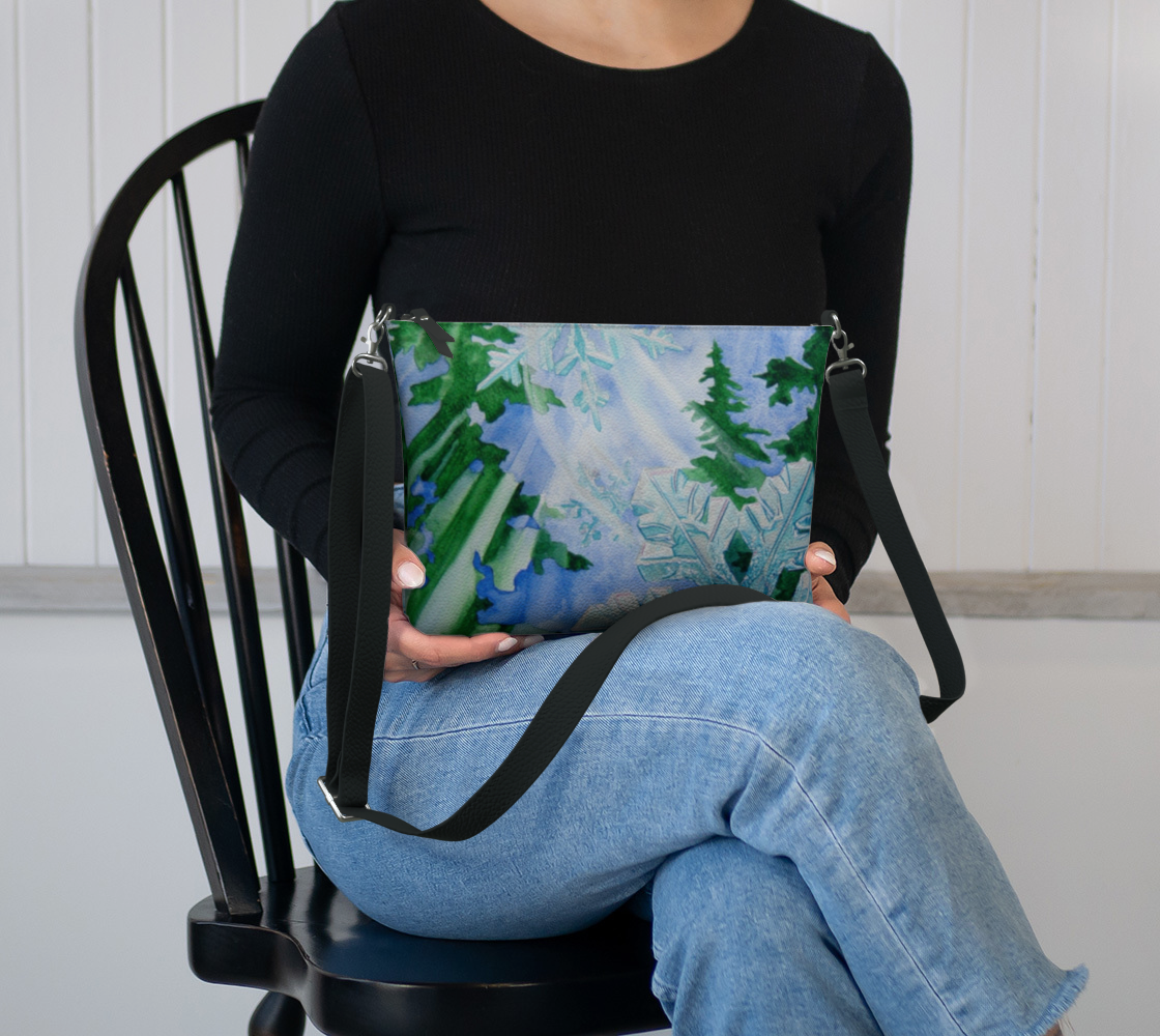 Snowflake Forest Watercolor Art Print Zipper Purse with Long Strap - Artsy Accessory bag