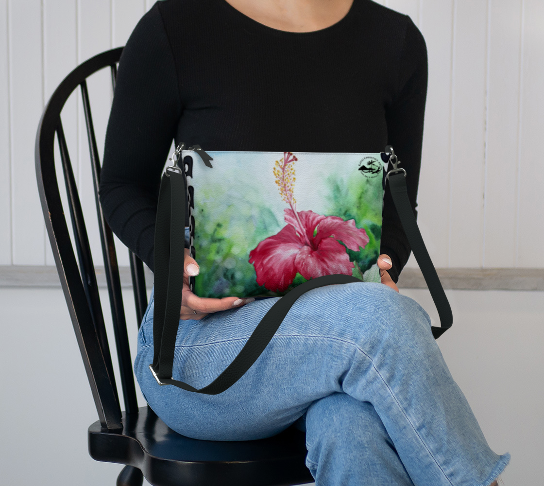 Hibiscus Flower, Hawaiian Flower Watercolor Art Print Zipper Purse with Long Strap - Artsy Accessory bag
