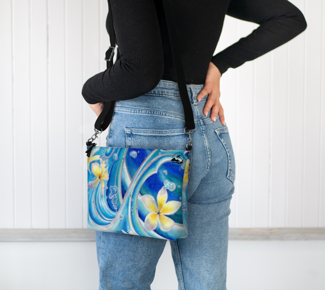Waves & Plumeria Flowers Art Print Purse / Shoulder Bag with Long Strap