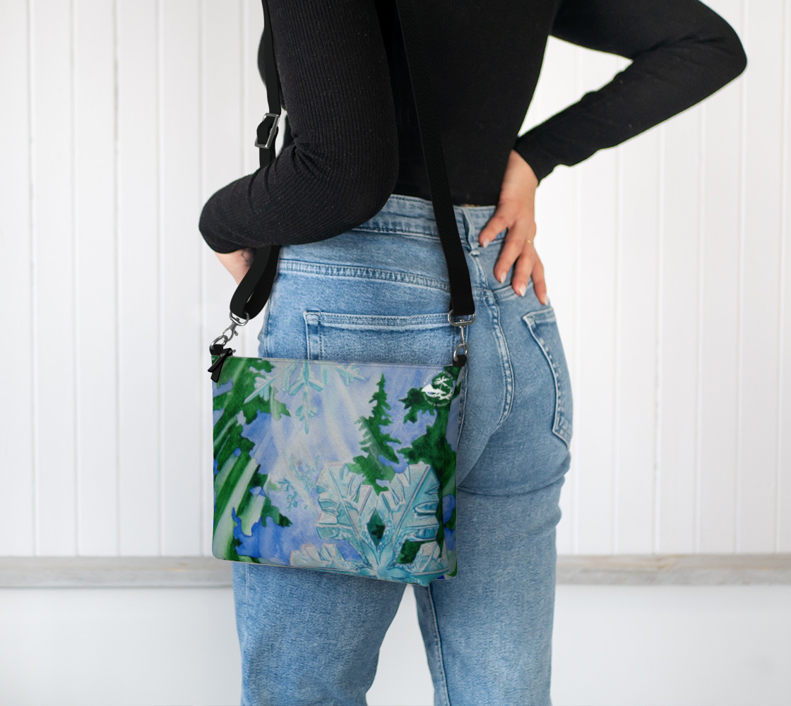 Snowflake Forest Watercolor Art Print Zipper Purse with Long Strap - Artsy Accessory bag