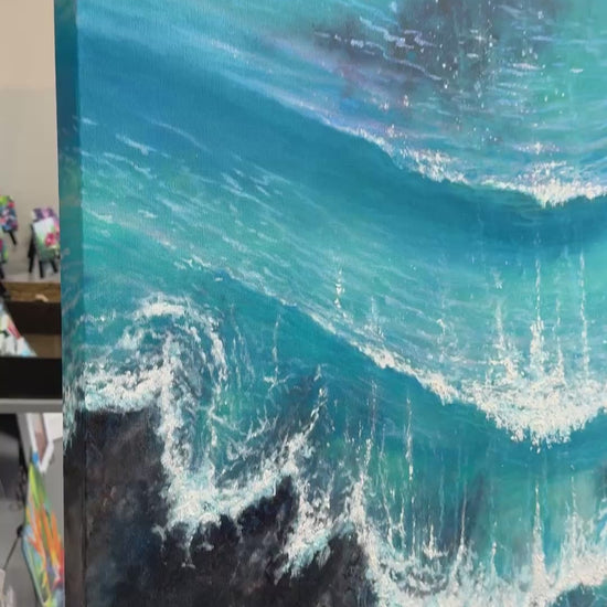 Nalu me nā Nalu original oil painting showing layered ocean depth waves and turquoise water and light on wave surface.