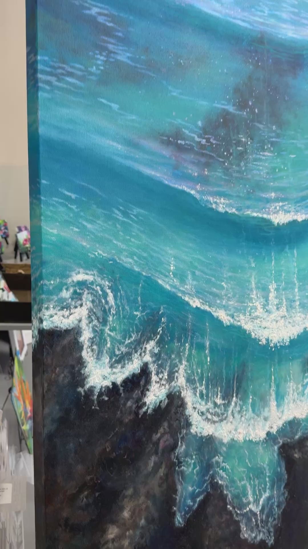 Nalu me nā Nalu original oil painting showing layered ocean depth waves and turquoise water and light on wave surface.