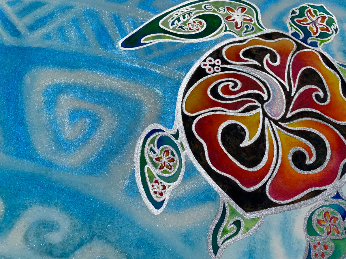 
Nani Honu detail showing colorful honu shell, metallic silver outlines and shimmering blue watercolor