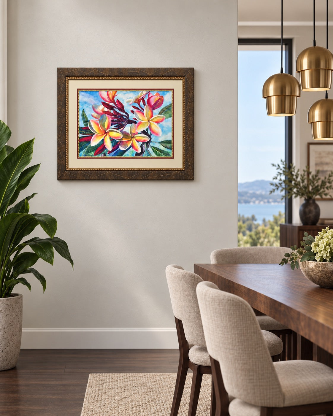 Laʻa Kea o Kekaha framed plumeria watercolor displayed in an elegant contemporary dining room
