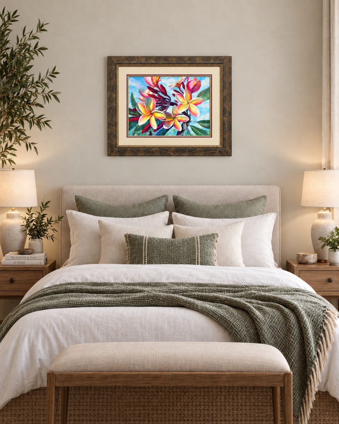 Laʻa Kea o Kekaha original floral watercolor displayed above a bed in a refined neutral interior