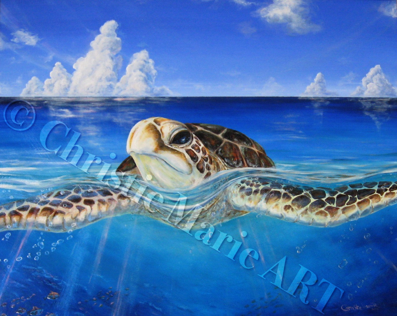 A Peace of the Tropics - Tropical Sea Turtle Art - Large Original Oil Painting - Tropical Hawaiian Ocean Art by Christie Marie E Russell ©