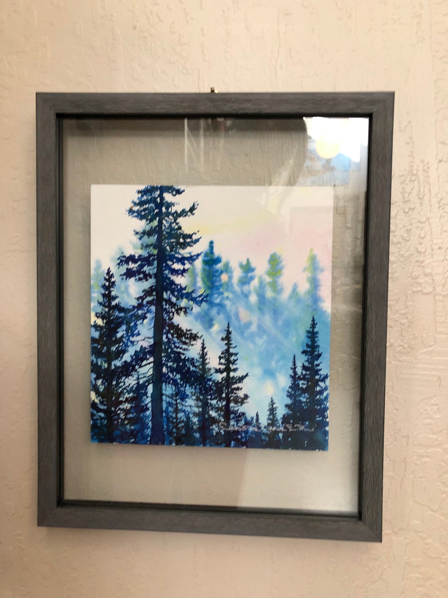 Original Watercolor Art "Forest Light" Framed, Tahoe style silhouetted forest pine trees by artist Christie Marie Elder Russell ©