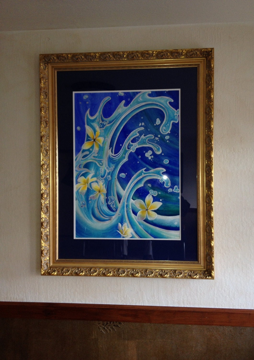 Original Large Watercolor mixed media, Tropical Plumeria Flowers, Painting, Blue Hawaii, gallery art by artist Christie Marie E Russell ©