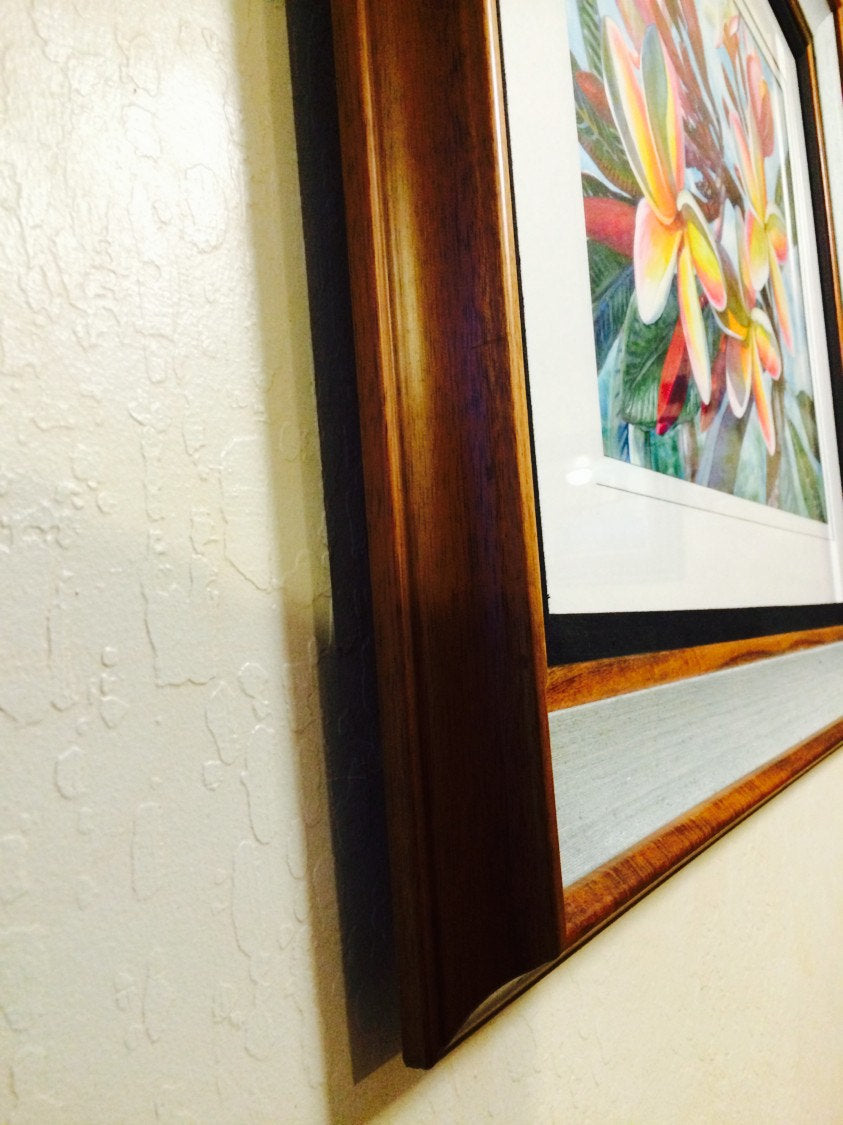 Tropical Plumeria Flowers, Original Large Watercolor Painting Art, Beautiful Hawaiian Koa Wood Frame Artist Christie Marie E. Russell ©