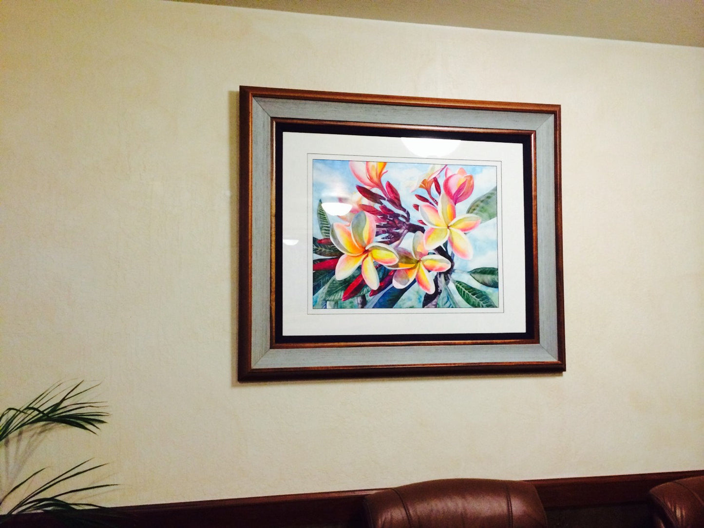 Tropical Plumeria Flowers, Original Large Watercolor Painting Art, Beautiful Hawaiian Koa Wood Frame Artist Christie Marie E. Russell ©