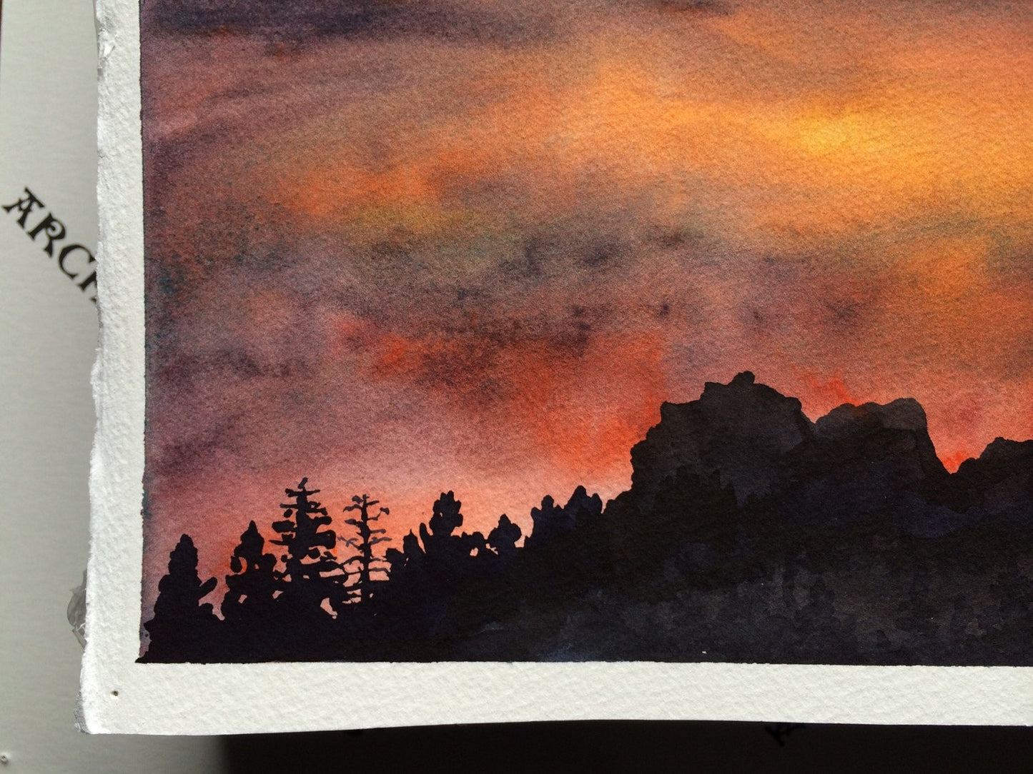 Landscape Original Watercolor paintng Art "Tahoe Expressions" sunset w silhouetted forest pine trees Christie Marie E Russell ©