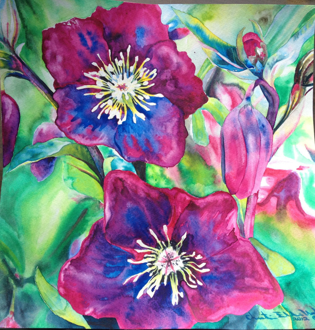 Framed Original Fine Art - PASSION - magenta pink flowers - 12" X 12"  Original Watercolor Painting Christie Marie E. Russell ©