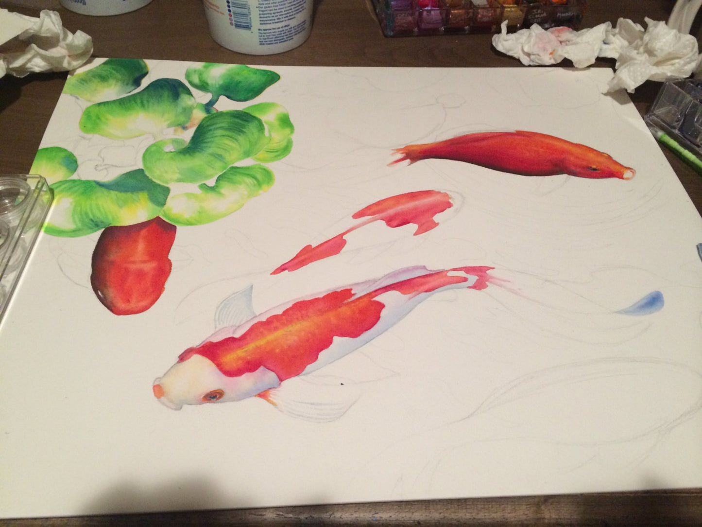ORIGINAL WATERCOLOR Painting Koi Fish Pond Art, Nature Art, Gallery fine art by Artist Christie Marie E. Russell ©